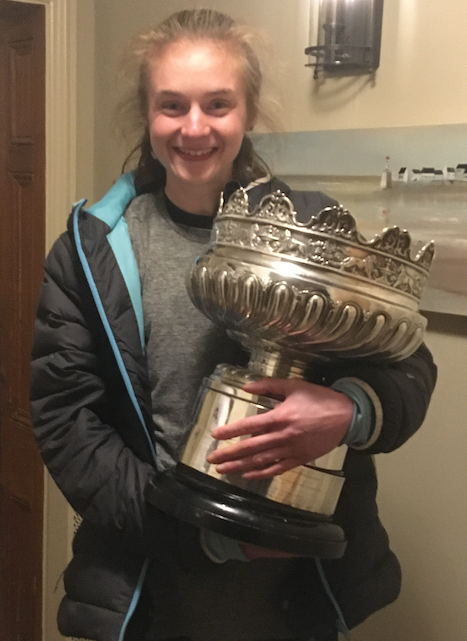 Jessica Gibbon at home with the ladies' English National Cross Country Champions Trophy.